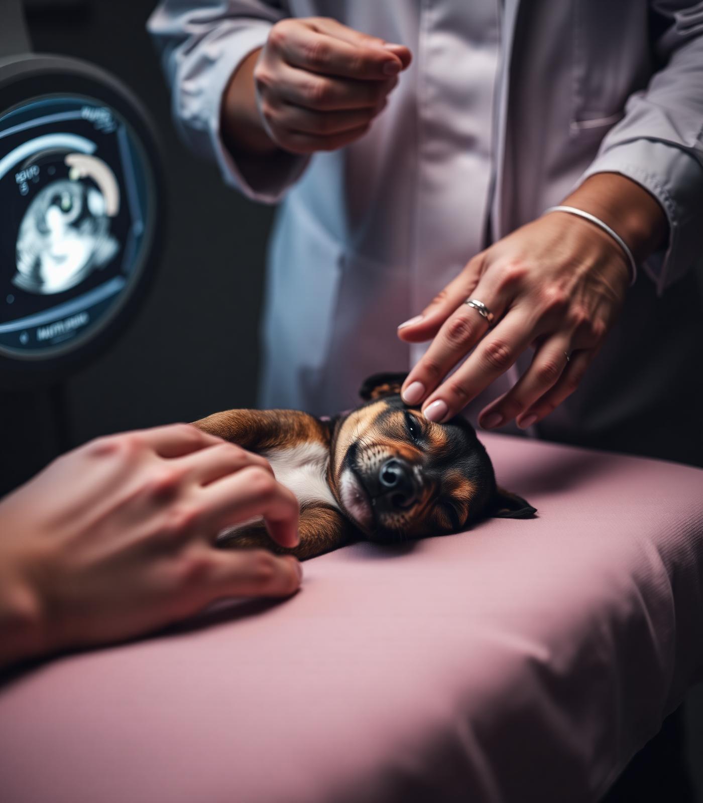 Veterinarian performing ultrasound on a calm puppy